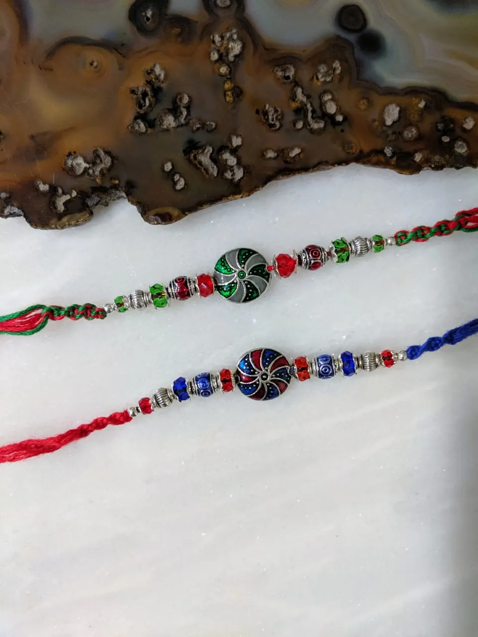 (Set of 2) Tibetan Rakhi for Men Silver Plated Multicolor Gemstone Rakhi