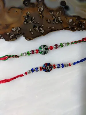 (Set of 2) Tibetan Rakhi for Men Silver Plated Multicolor Gemstone Rakhi