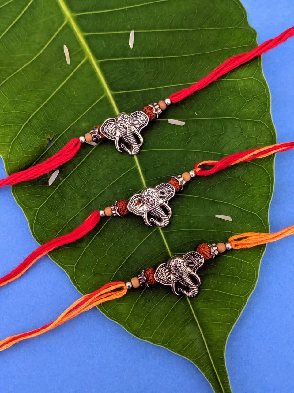 (Set of 3) Designer Rakhi with Silver Plated Ganpati Bappa Rudraksha Tulsi Beads Thread Rakhi