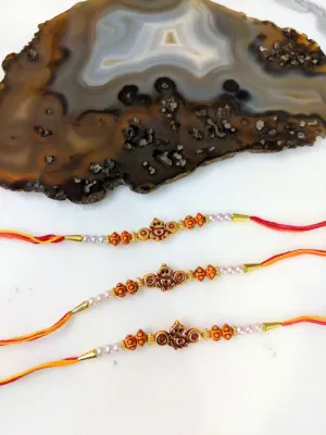 (Set of 3) Ganesh Ji Rakhi for Men Gold Stone Beads White Pearl Multicolor Thread Rakhi