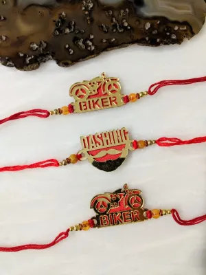 (Set of 3) Golden Rakhi with Dashing/ Biker Slogan Beads Red Thread Rakhi For Men