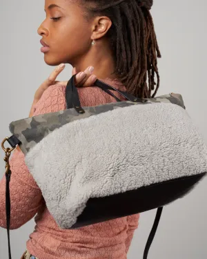shearling devon holdall - grey shearling and camo suede