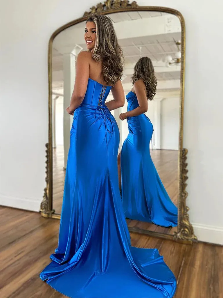 Simple Sweetheart Neck Satin Blue Long Prom Dresses, Simple Sweetheart Neck Satin Blue Formal Evening Dresses