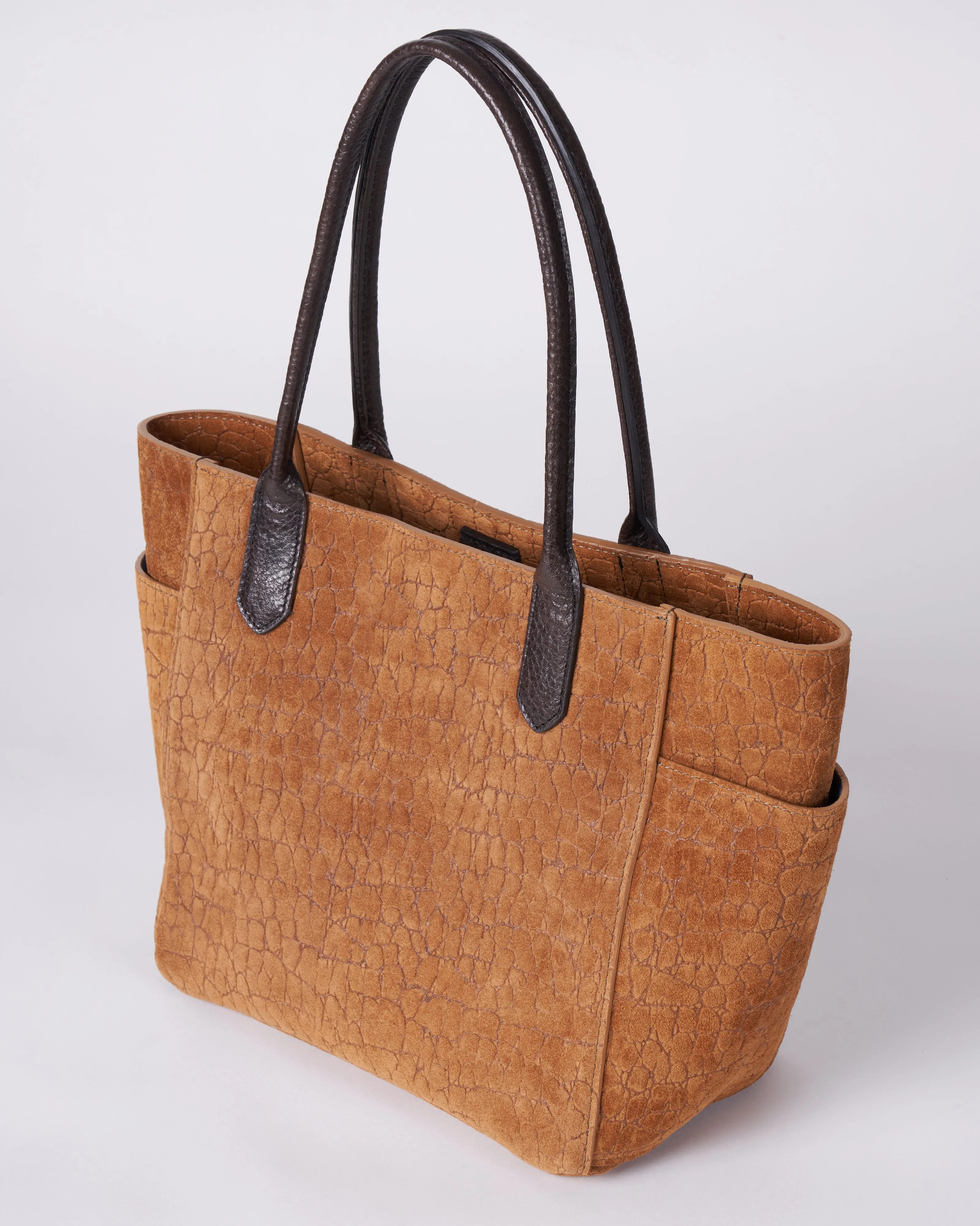 small pocket tote - tawny embossed suede w/graphite detail