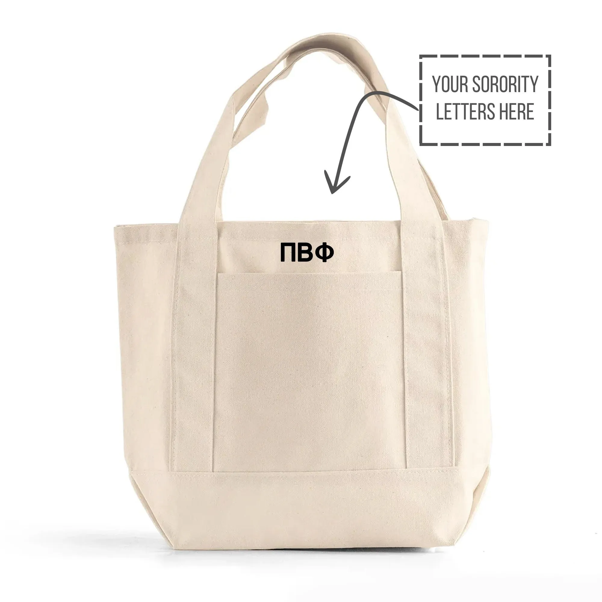 Sorority Letters Natural Trim Mini Tote Bag – Trader Joe's Inspired, Greek Life Gifts, Big Little Gifts, Bid Day Tote, Reusable Canvas Bag