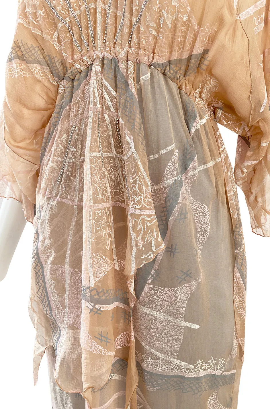 Spring 1980 Zandra Rhodes Book Piece 'Chinese Constructivist & Clouds' Pale Peach & Blue Dress