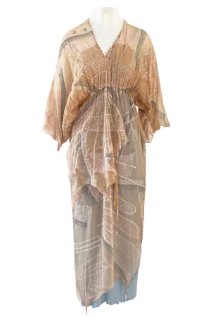 Spring 1980 Zandra Rhodes Book Piece 'Chinese Constructivist & Clouds' Pale Peach & Blue Dress