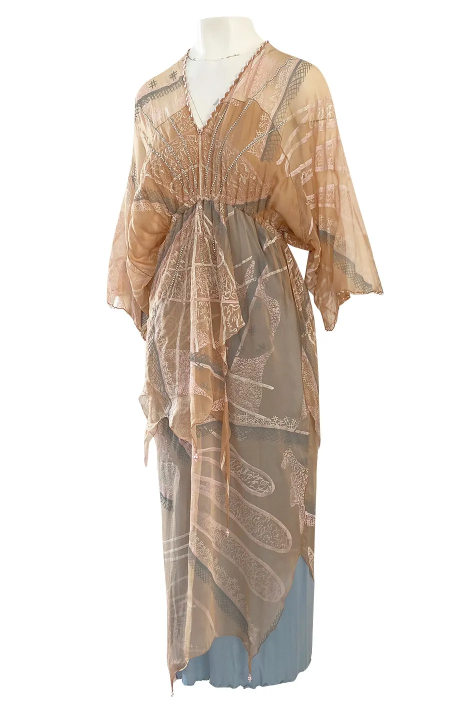 Spring 1980 Zandra Rhodes Book Piece 'Chinese Constructivist & Clouds' Pale Peach & Blue Dress