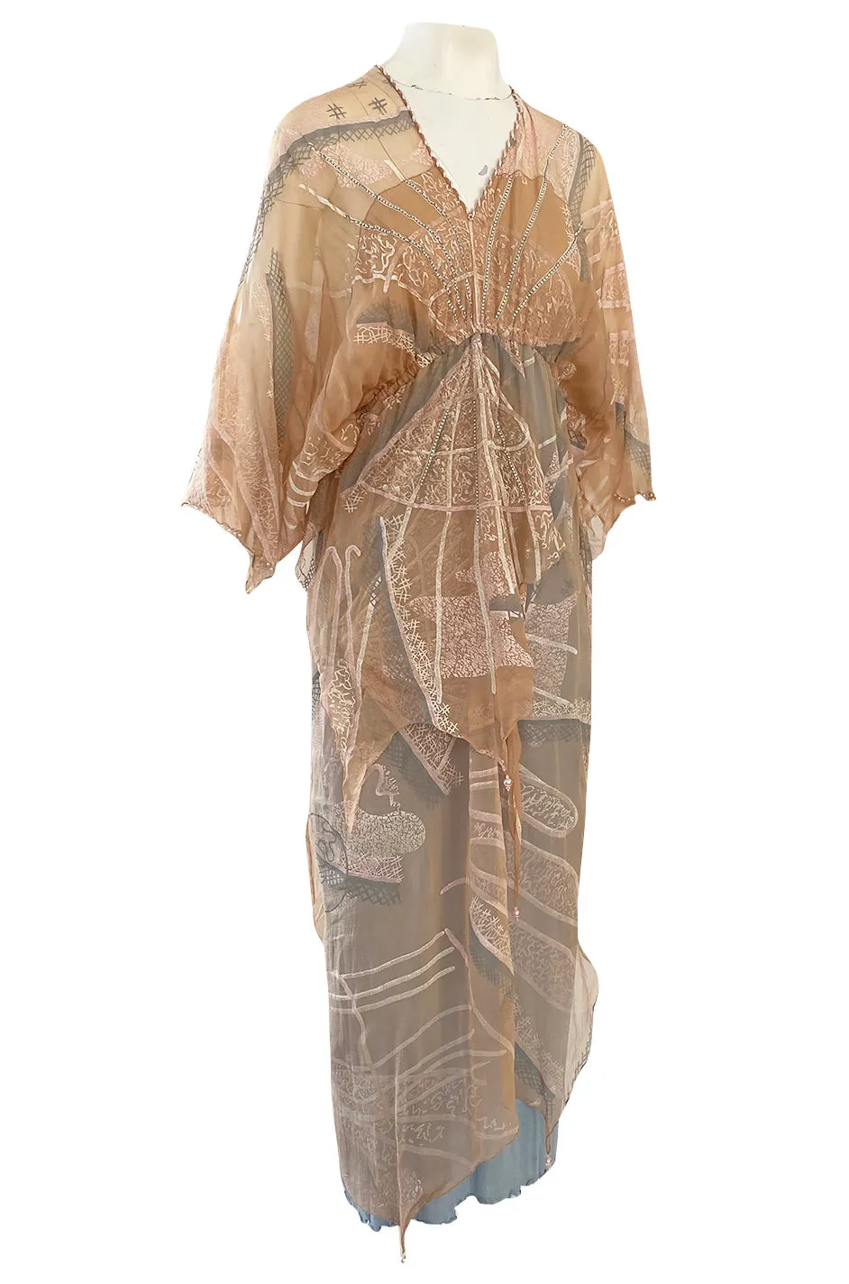 Spring 1980 Zandra Rhodes Book Piece 'Chinese Constructivist & Clouds' Pale Peach & Blue Dress