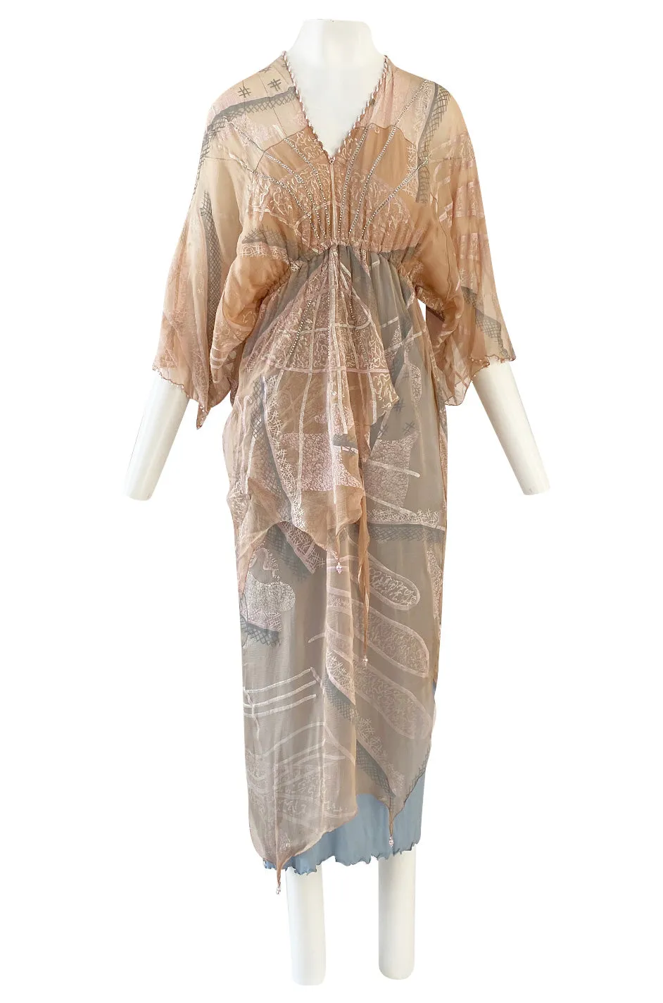 Spring 1980 Zandra Rhodes Book Piece 'Chinese Constructivist & Clouds' Pale Peach & Blue Dress