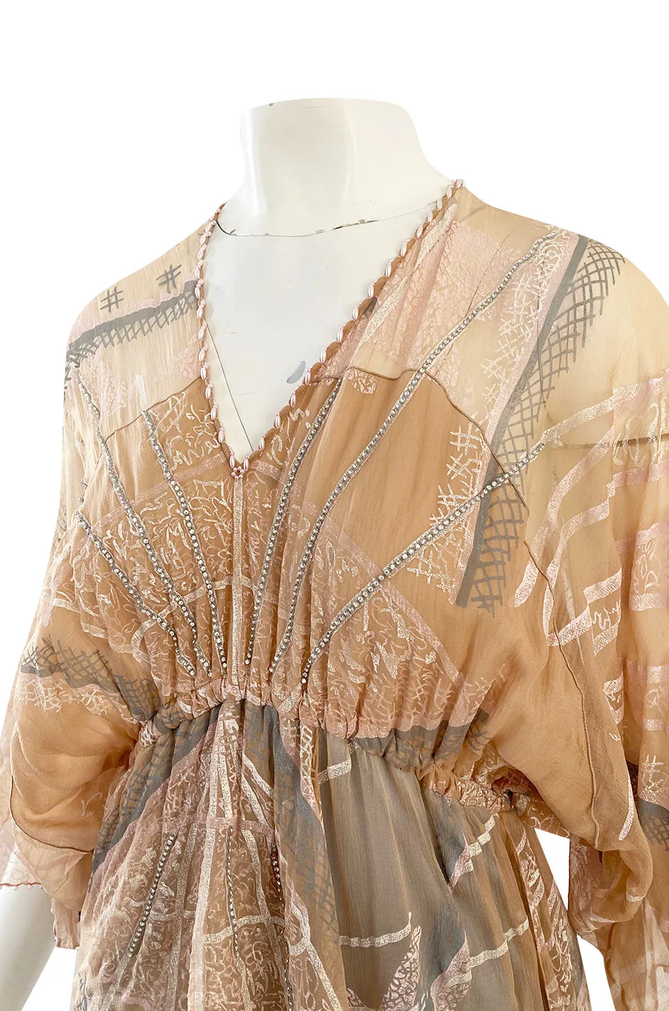 Spring 1980 Zandra Rhodes Book Piece 'Chinese Constructivist & Clouds' Pale Peach & Blue Dress