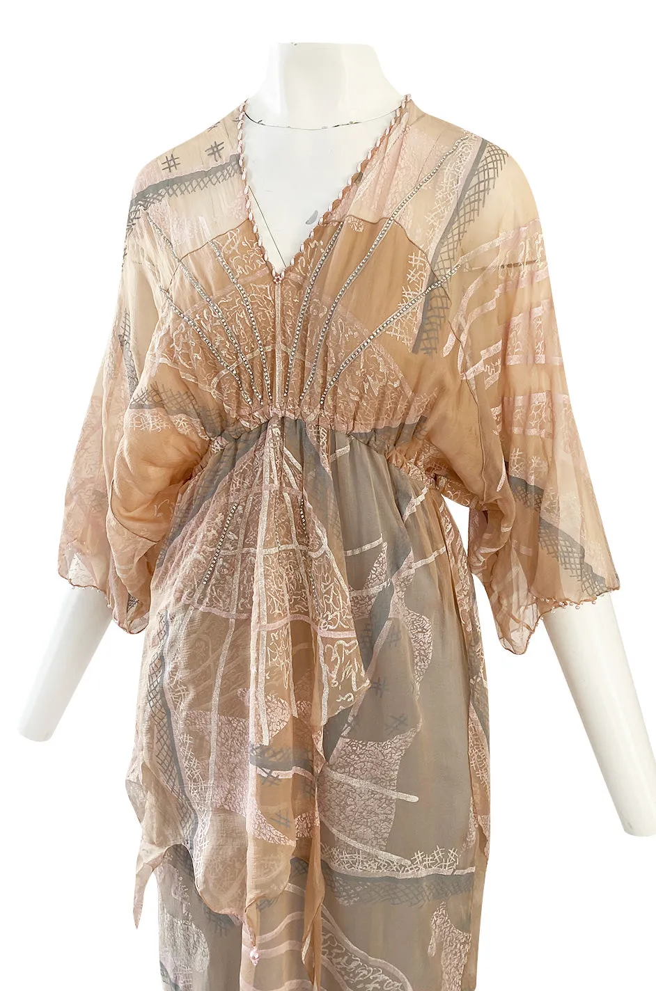 Spring 1980 Zandra Rhodes Book Piece 'Chinese Constructivist & Clouds' Pale Peach & Blue Dress