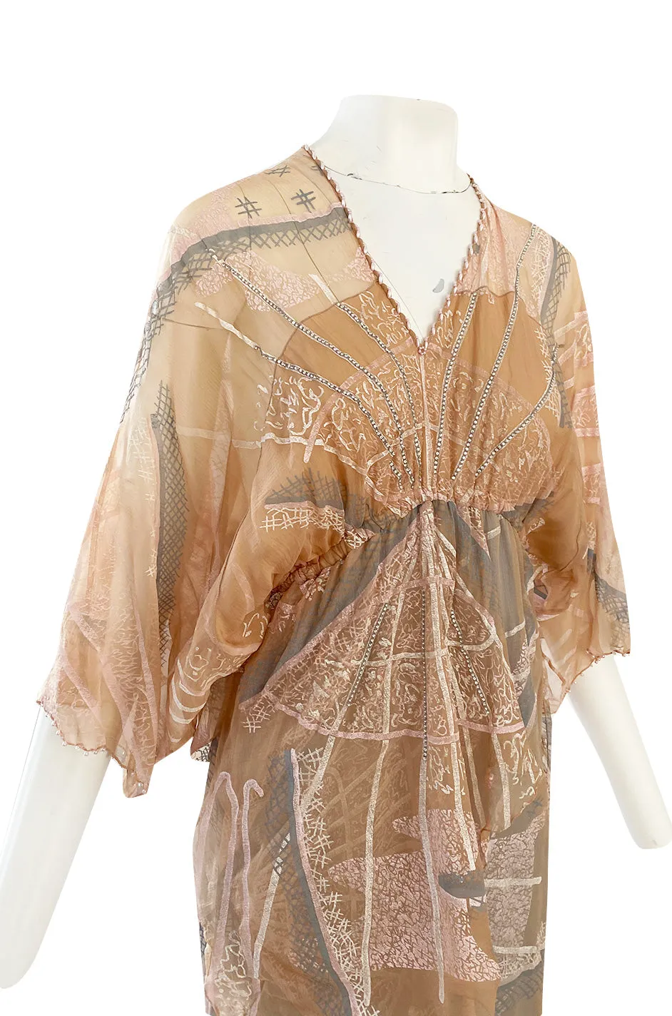 Spring 1980 Zandra Rhodes Book Piece 'Chinese Constructivist & Clouds' Pale Peach & Blue Dress
