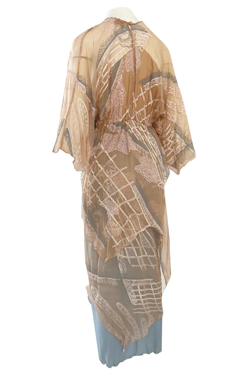 Spring 1980 Zandra Rhodes Book Piece 'Chinese Constructivist & Clouds' Pale Peach & Blue Dress