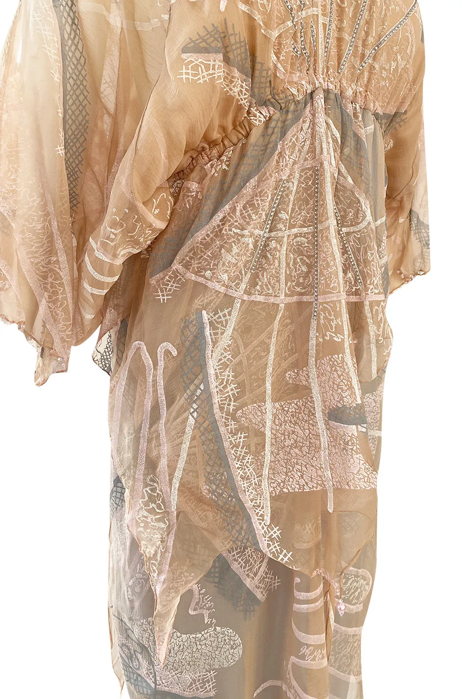 Spring 1980 Zandra Rhodes Book Piece 'Chinese Constructivist & Clouds' Pale Peach & Blue Dress