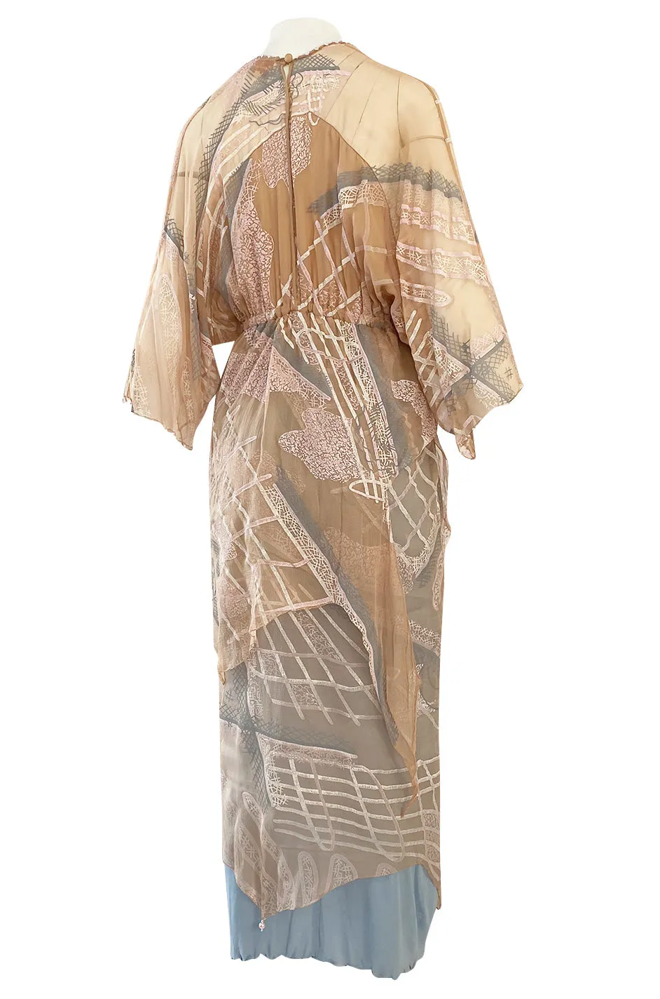 Spring 1980 Zandra Rhodes Book Piece 'Chinese Constructivist & Clouds' Pale Peach & Blue Dress