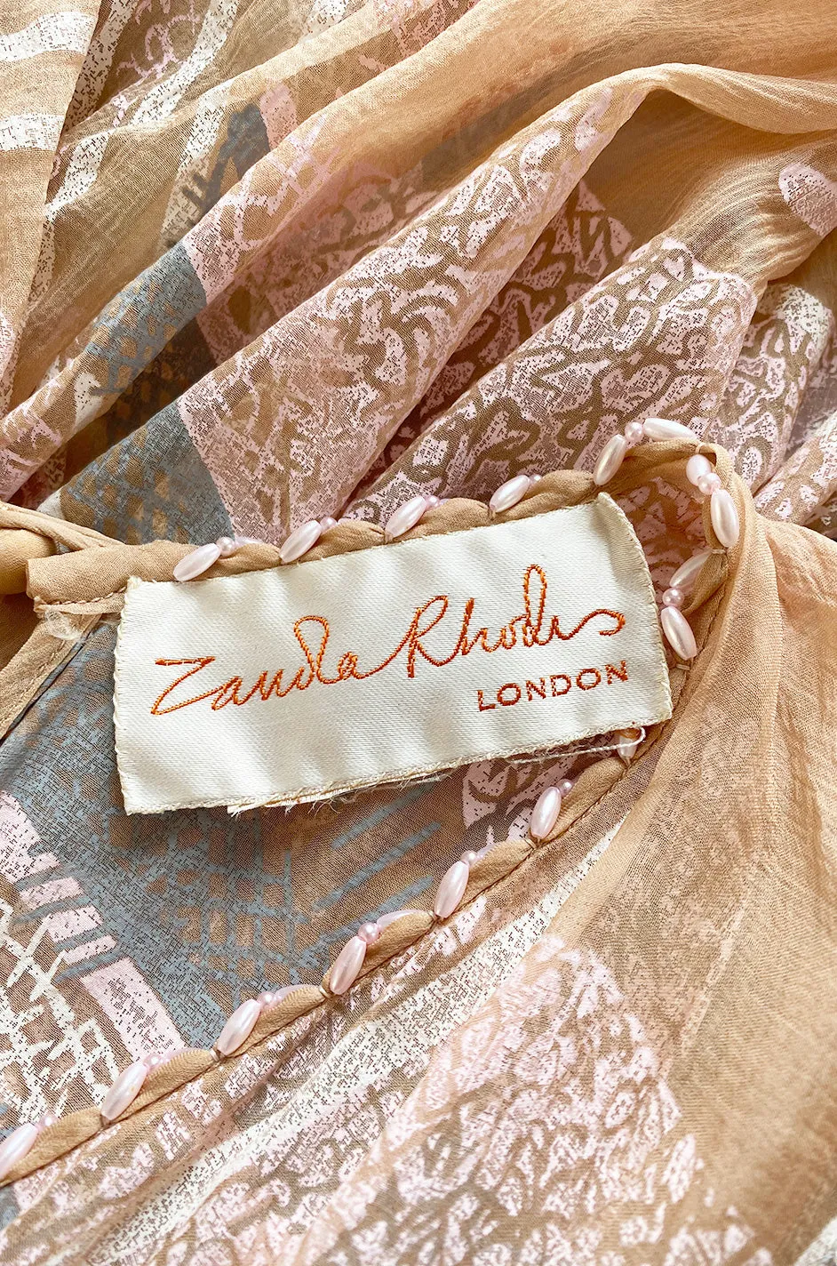 Spring 1980 Zandra Rhodes Book Piece 'Chinese Constructivist & Clouds' Pale Peach & Blue Dress
