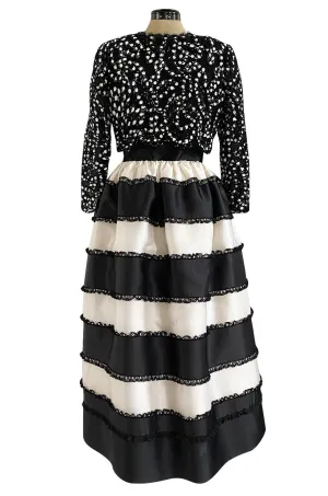 Spring 1988 Bill Blass Sequin Bodice w Ribbon Rosettes Black & White Silk Organza Dress