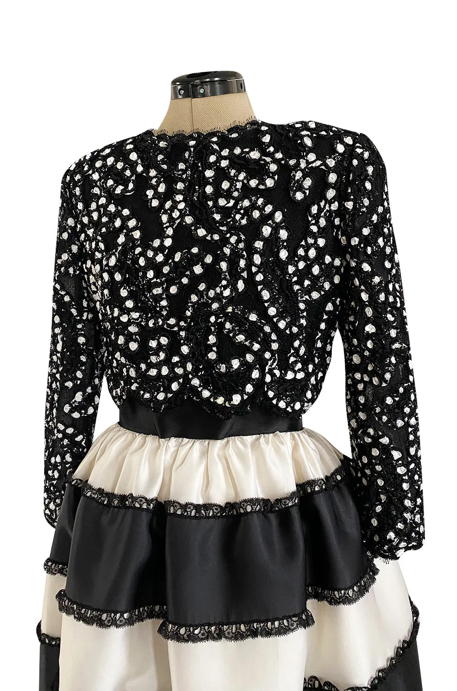 Spring 1988 Bill Blass Sequin Bodice w Ribbon Rosettes Black & White Silk Organza Dress