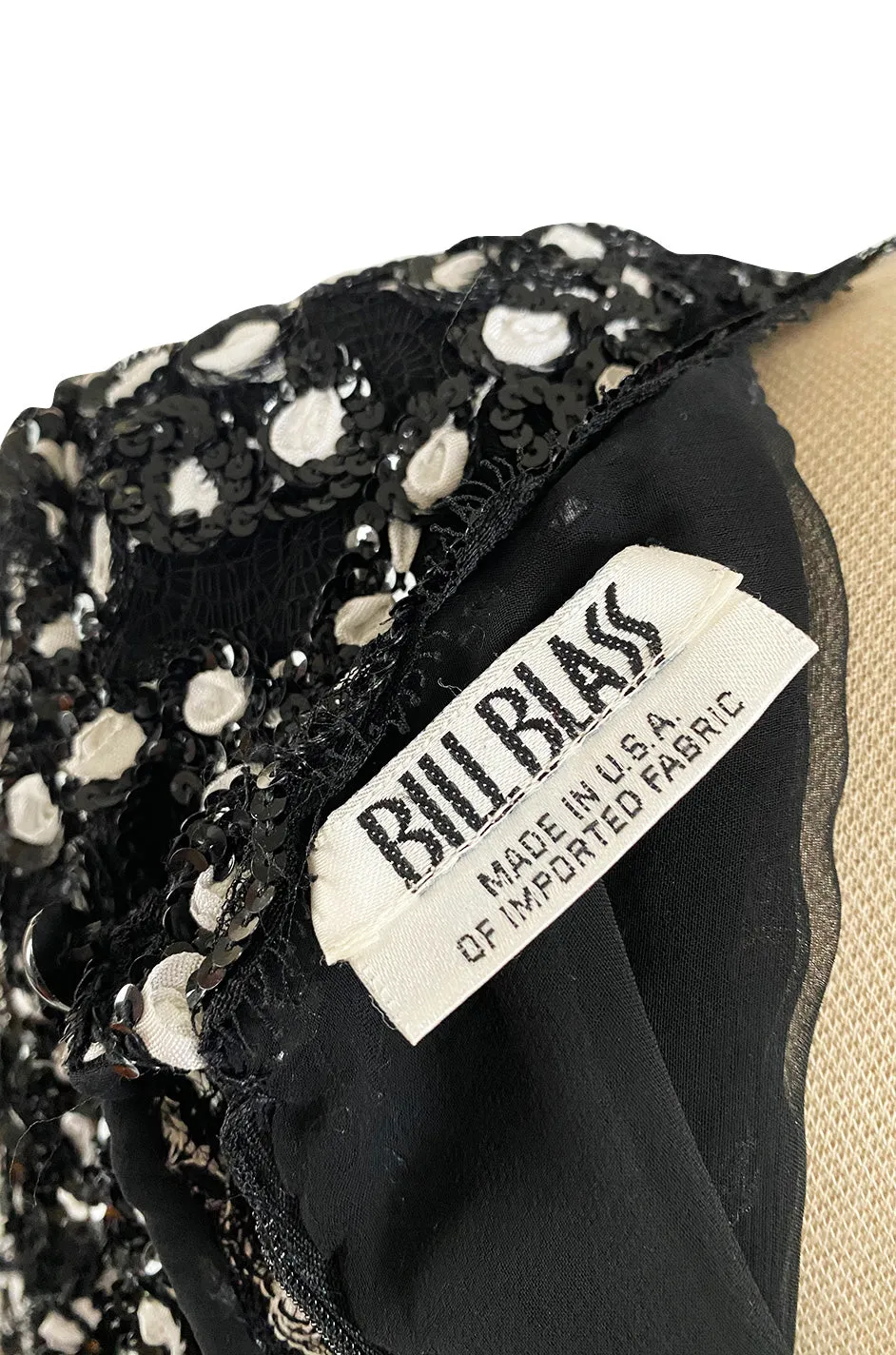 Spring 1988 Bill Blass Sequin Bodice w Ribbon Rosettes Black & White Silk Organza Dress