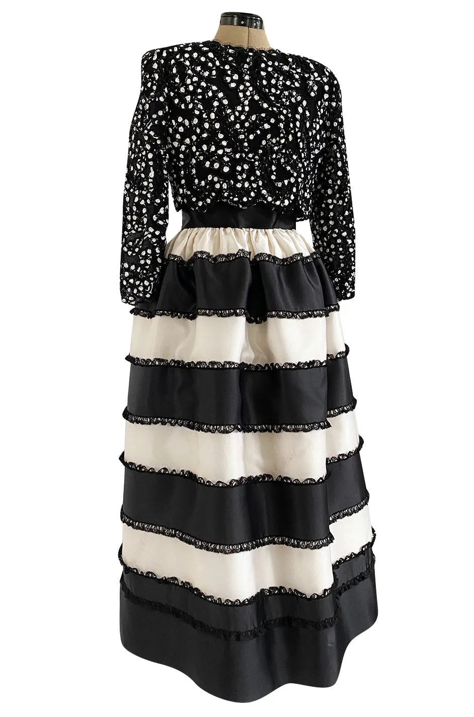 Spring 1988 Bill Blass Sequin Bodice w Ribbon Rosettes Black & White Silk Organza Dress