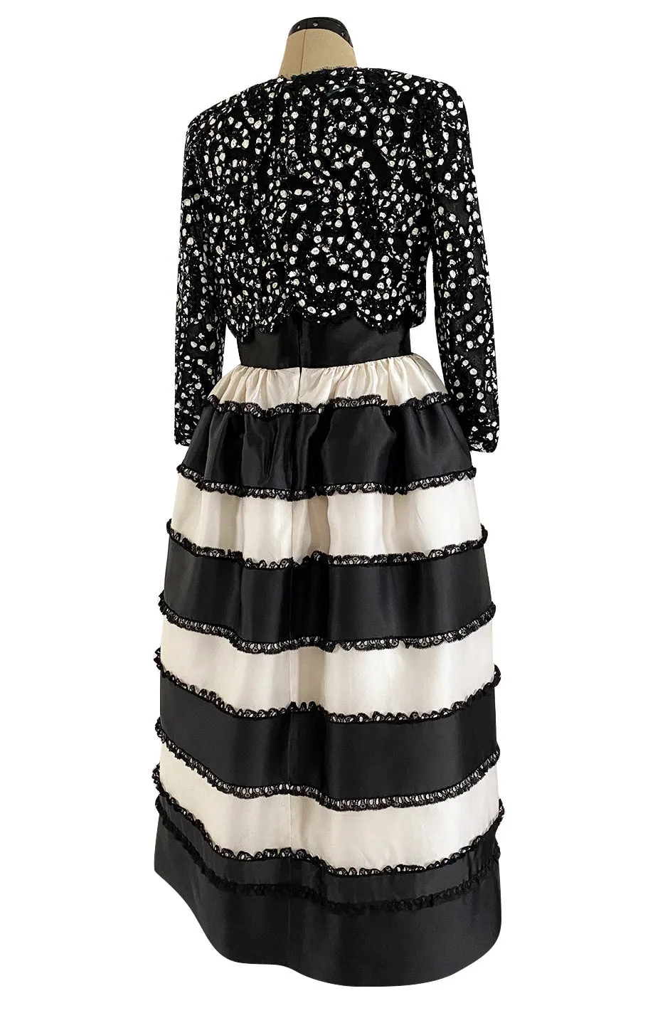 Spring 1988 Bill Blass Sequin Bodice w Ribbon Rosettes Black & White Silk Organza Dress