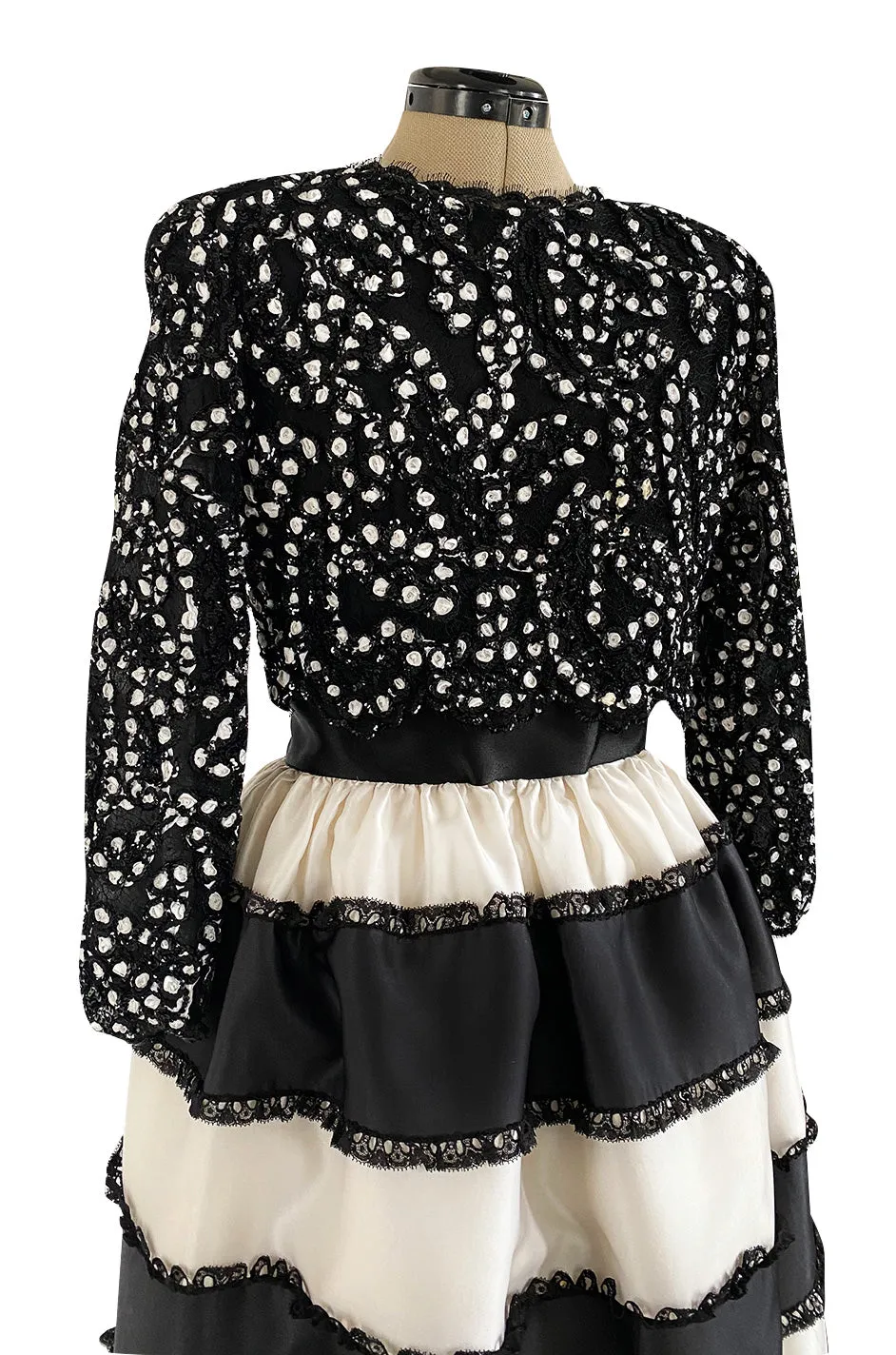 Spring 1988 Bill Blass Sequin Bodice w Ribbon Rosettes Black & White Silk Organza Dress