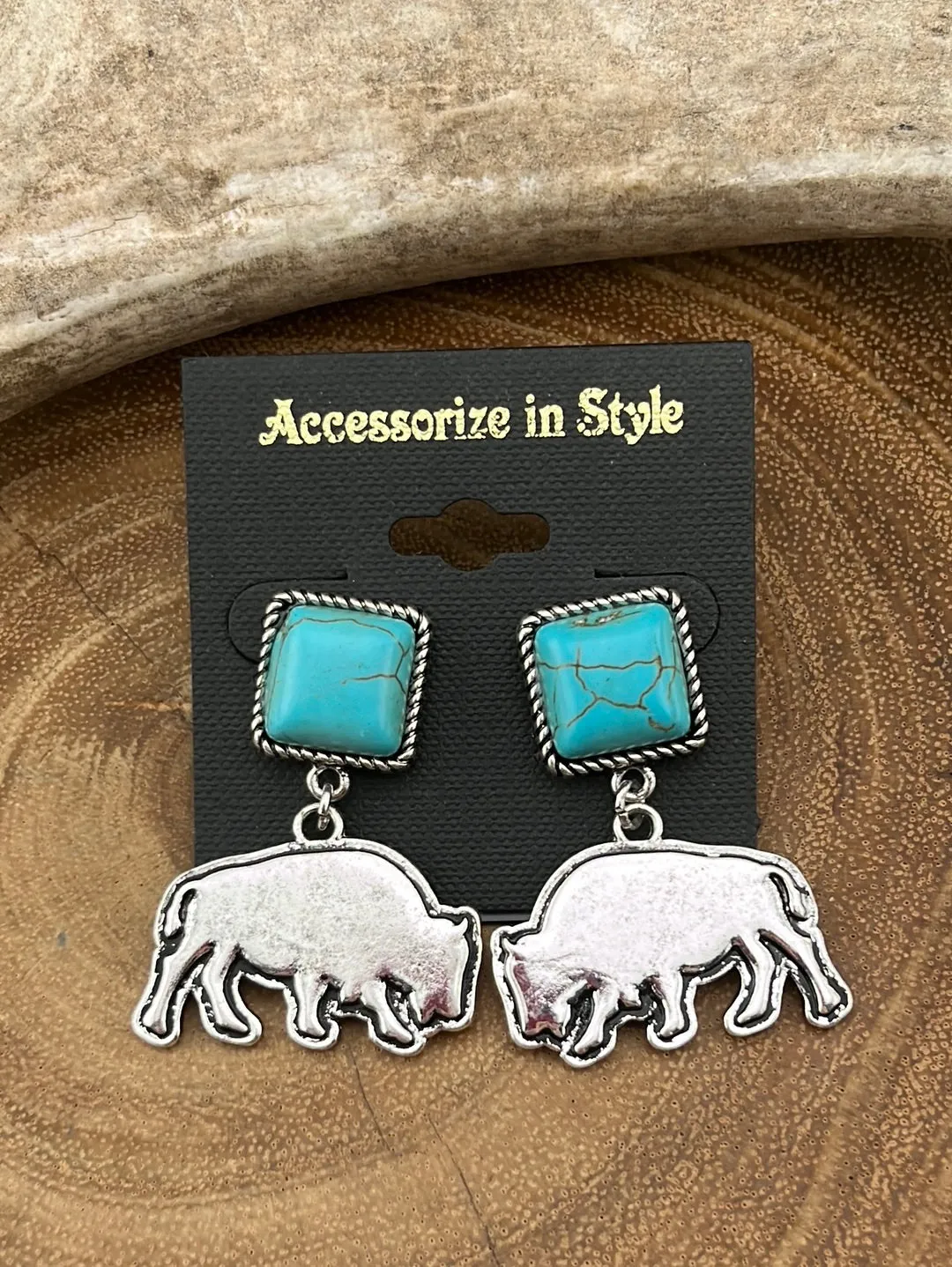 Square Stone Post Buffalo Drop Earrings - Turquoise