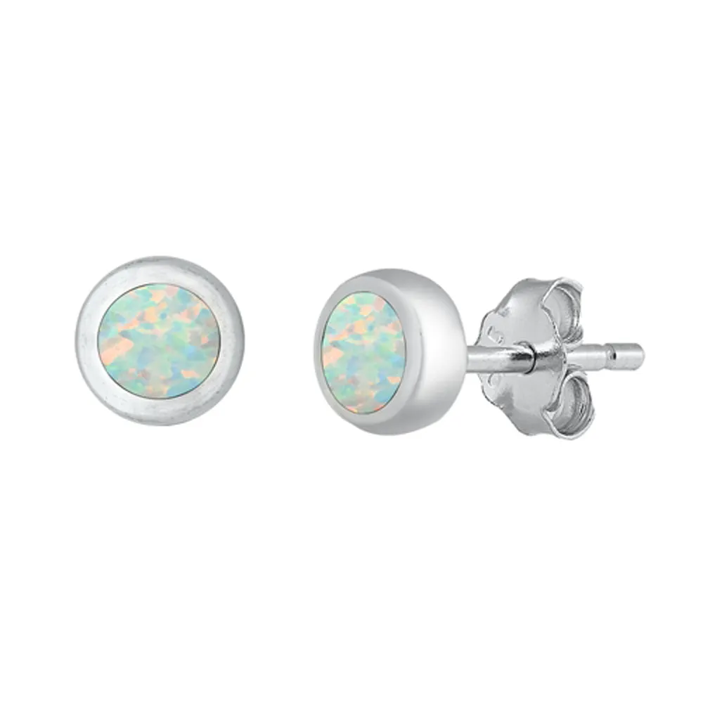 Sterling Silver Simple Round Classic Earrings White Synthetic Opal 925 New