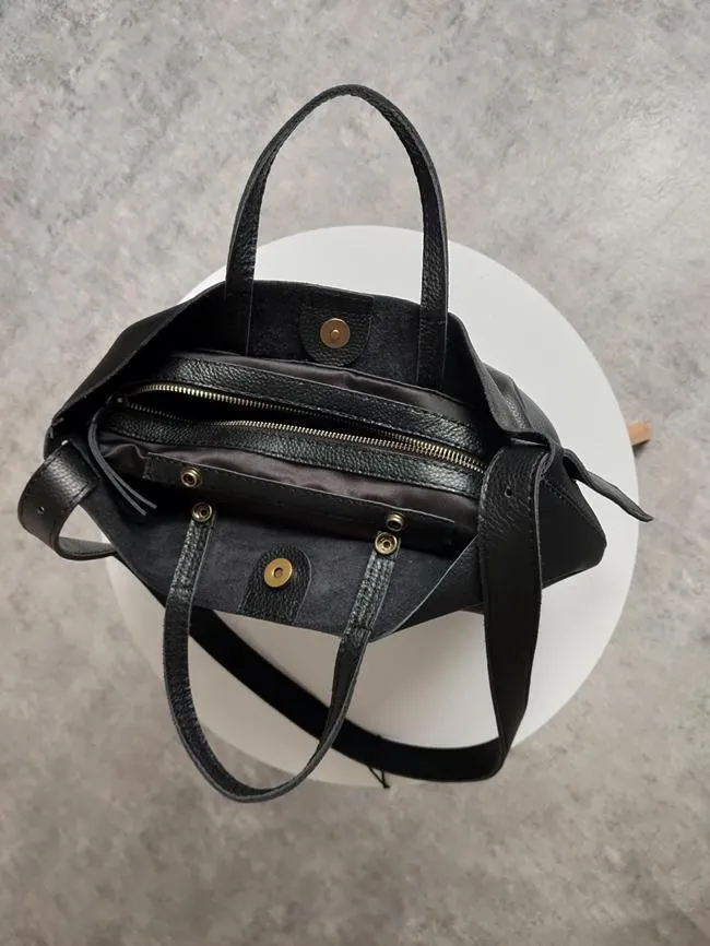 Stylish Black Leather Tote Bag Shoulder Tote Handbag Black Crossbody Tote Purse For Women
