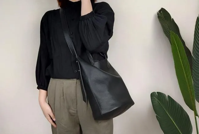 Stylish Black Leather Tote Bag Shoulder Tote Handbag Black Crossbody Tote Purse For Women