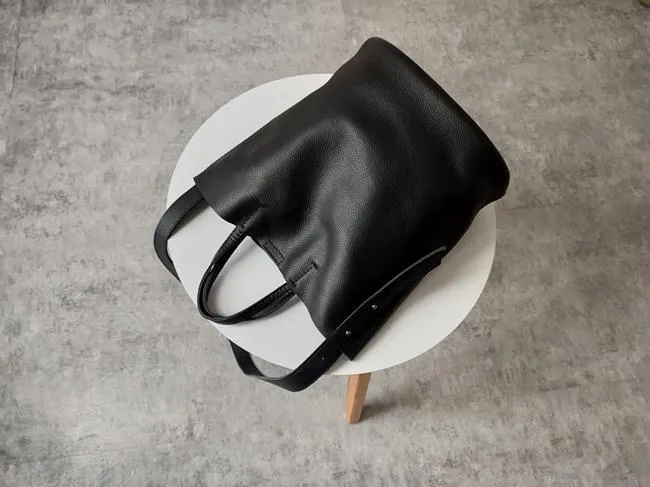 Stylish Black Leather Tote Bag Shoulder Tote Handbag Black Crossbody Tote Purse For Women
