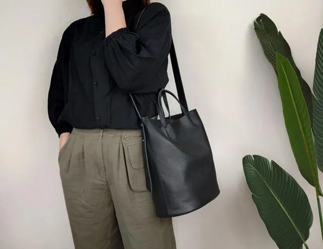 Stylish Black Leather Tote Bag Shoulder Tote Handbag Black Crossbody Tote Purse For Women