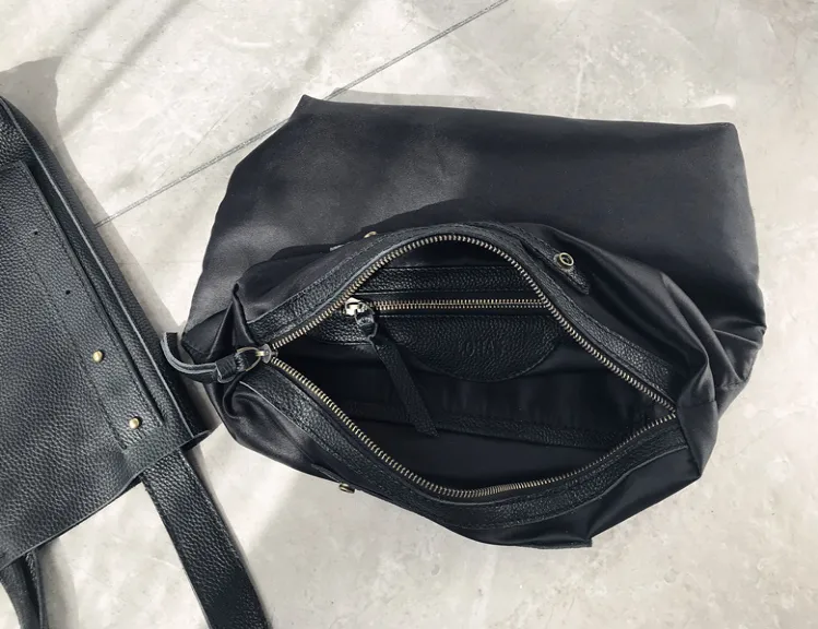 Stylish Black Leather Tote Bag Shoulder Tote Handbag Black Crossbody Tote Purse For Women