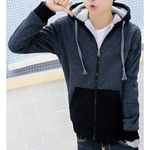 Stylish Hooded Color Block Splicing Velour Lined Slimming Long Sleeve Cotton Blend Hoodie For Men - Deep Gray 3xl
