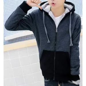 Stylish Hooded Color Block Splicing Velour Lined Slimming Long Sleeve Cotton Blend Hoodie For Men - Deep Gray 3xl