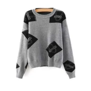 Stylish Round Neck Long Sleeves Color Block Letter Print Women's Sweater - Gray One Size(fit Size Xs To M)