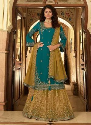 Teal And Beige Designer Heavy Embroidered Lehenga