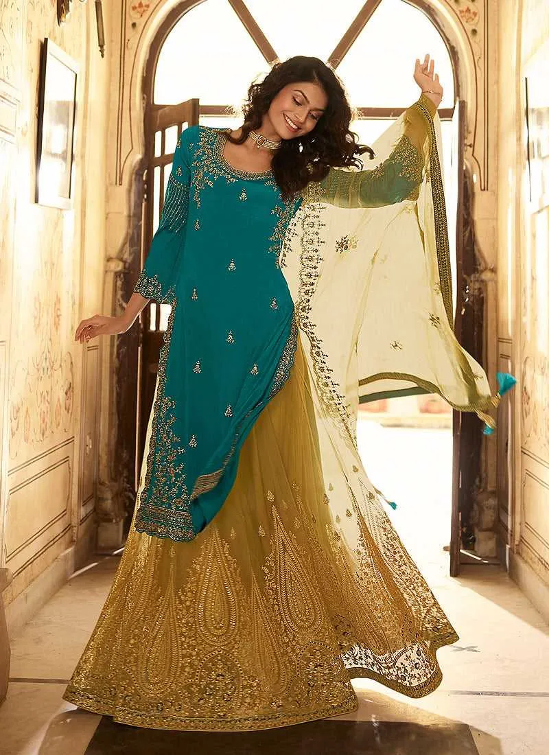 Teal And Beige Designer Heavy Embroidered Lehenga