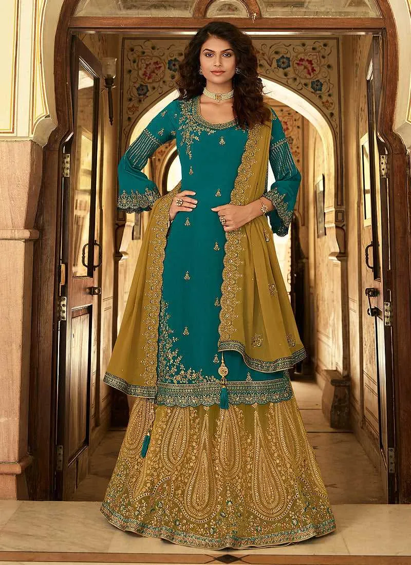 Teal And Beige Designer Heavy Embroidered Lehenga
