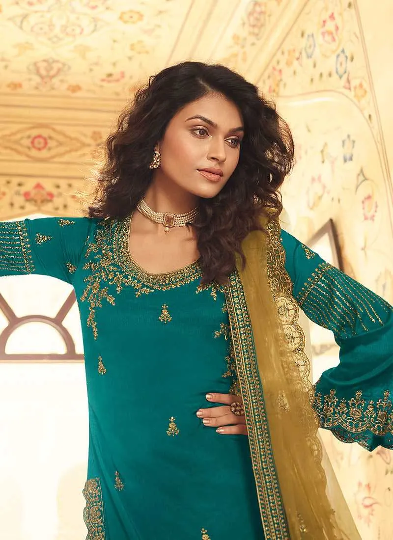 Teal And Beige Designer Heavy Embroidered Lehenga