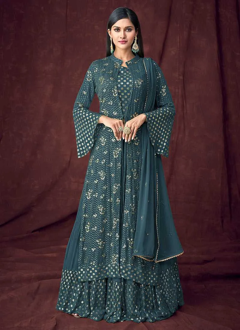 Teal Heavy Embroidered Designer Jacket Style Lehenga