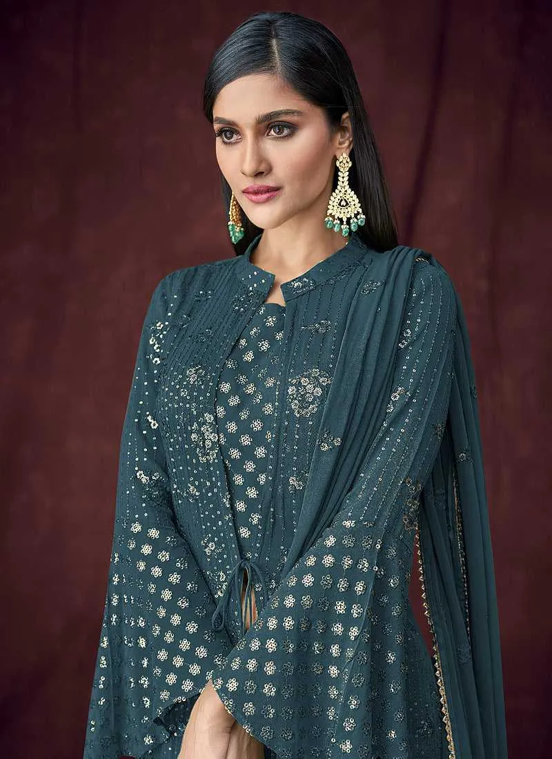 Teal Heavy Embroidered Designer Jacket Style Lehenga