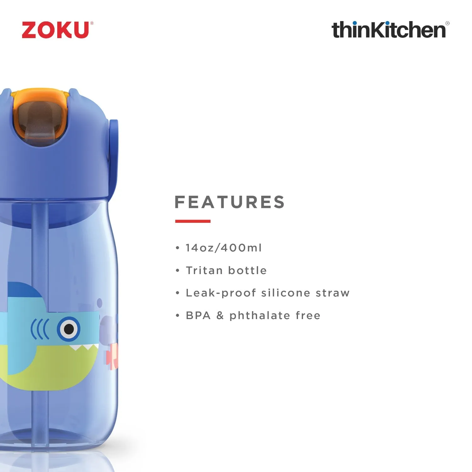 thinKitchen™ Zoku Kids Flip Straw Bottle, Blue, 415 ml