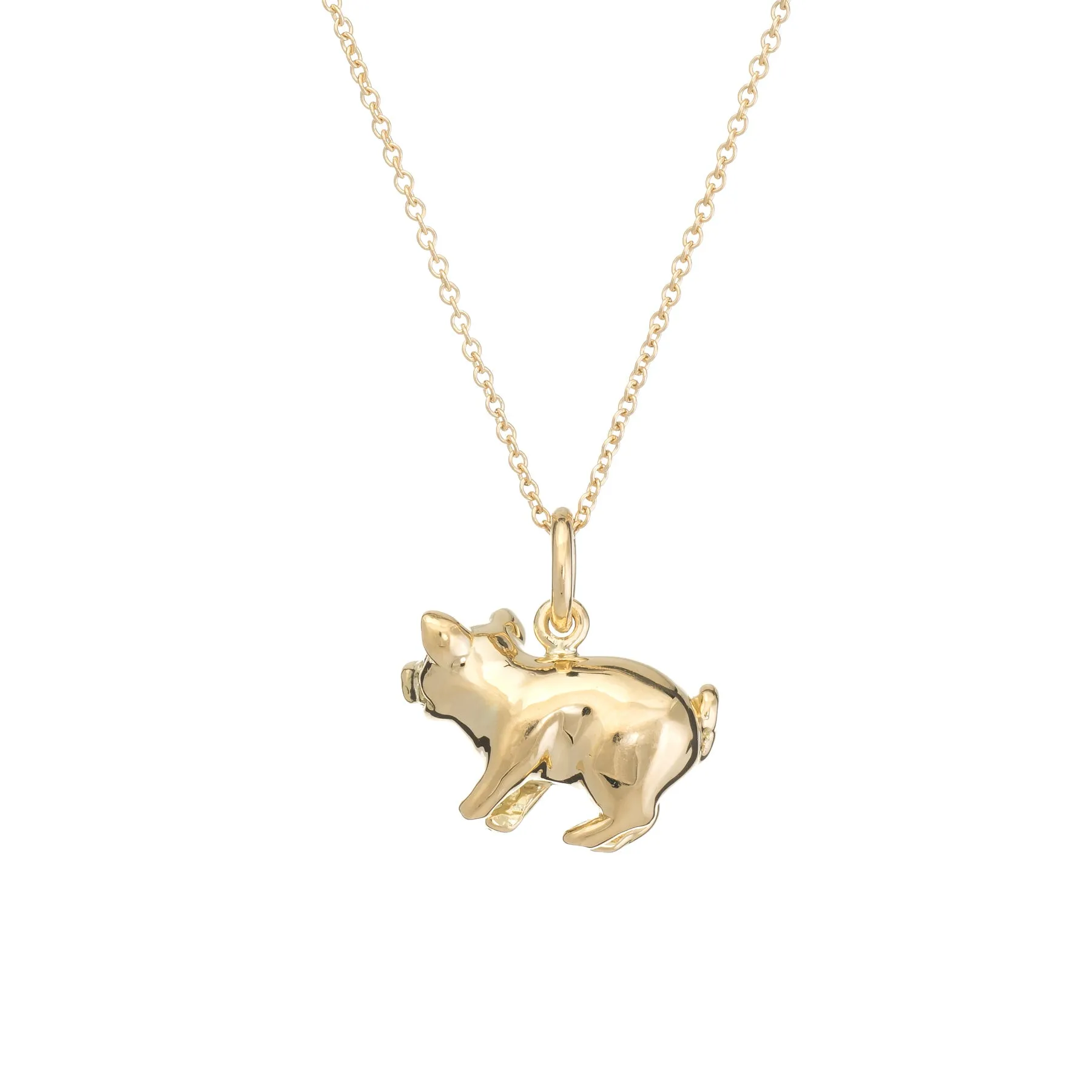 Tiffany & Co Pig Charm Pendant Diamond 18k Yellow Gold Necklace Estate Jewelry