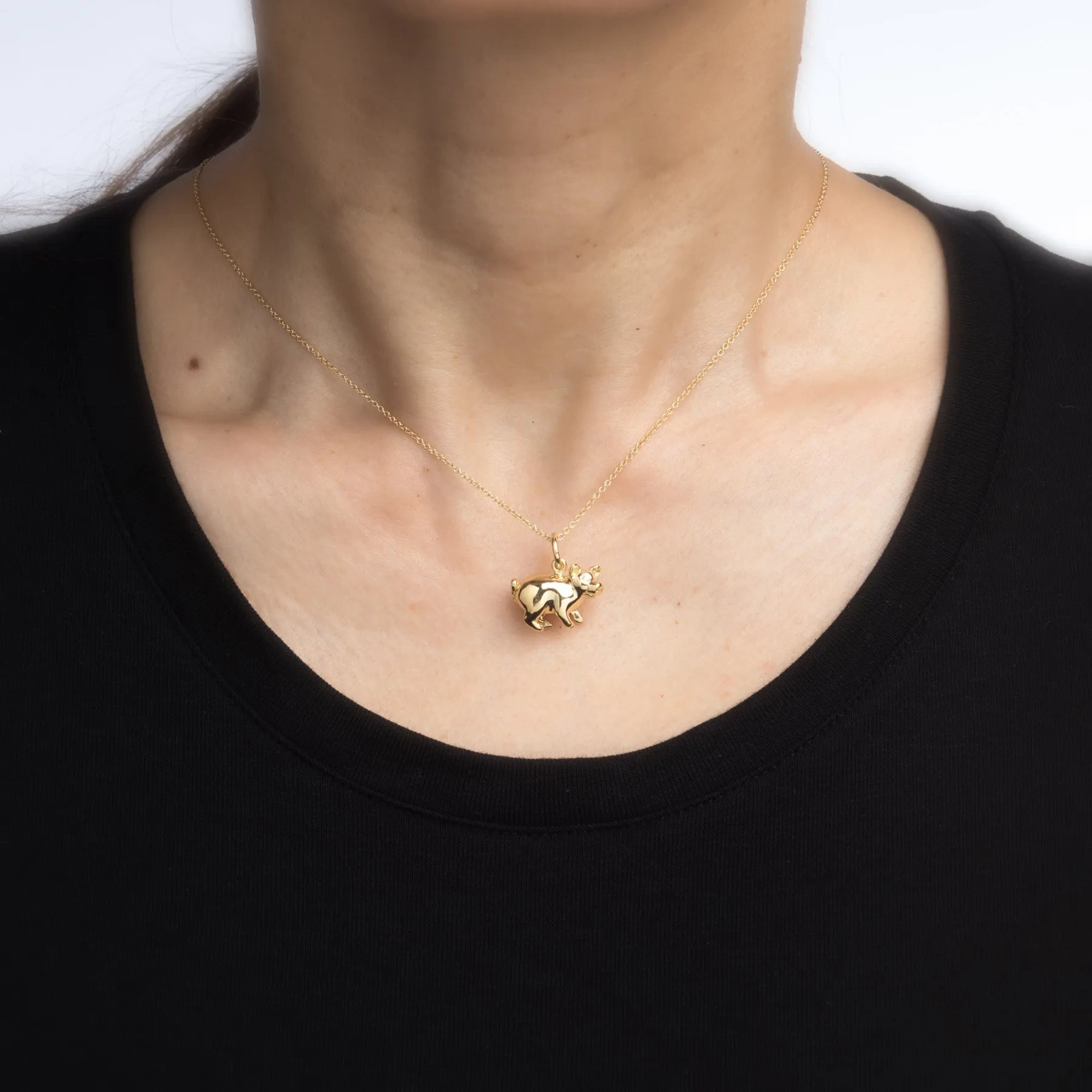 Tiffany & Co Pig Charm Pendant Diamond 18k Yellow Gold Necklace Estate Jewelry