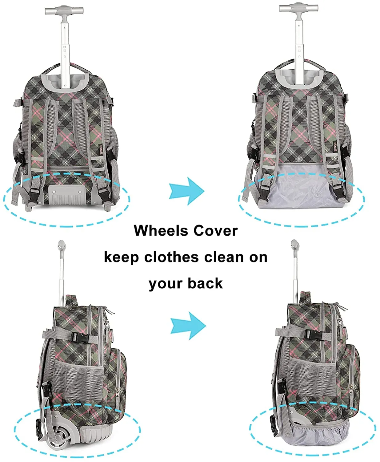Tilami Pink Plaid 18 inch Kids Rolling Backpack Laptop Backpack