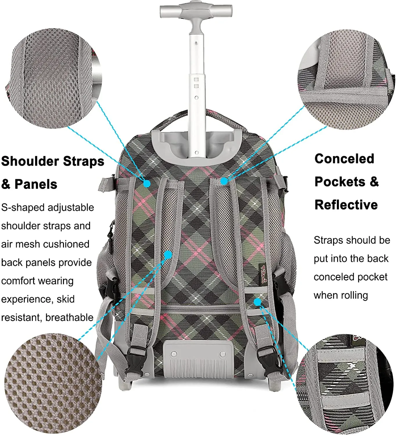 Tilami Pink Plaid 18 inch Kids Rolling Backpack Laptop Backpack
