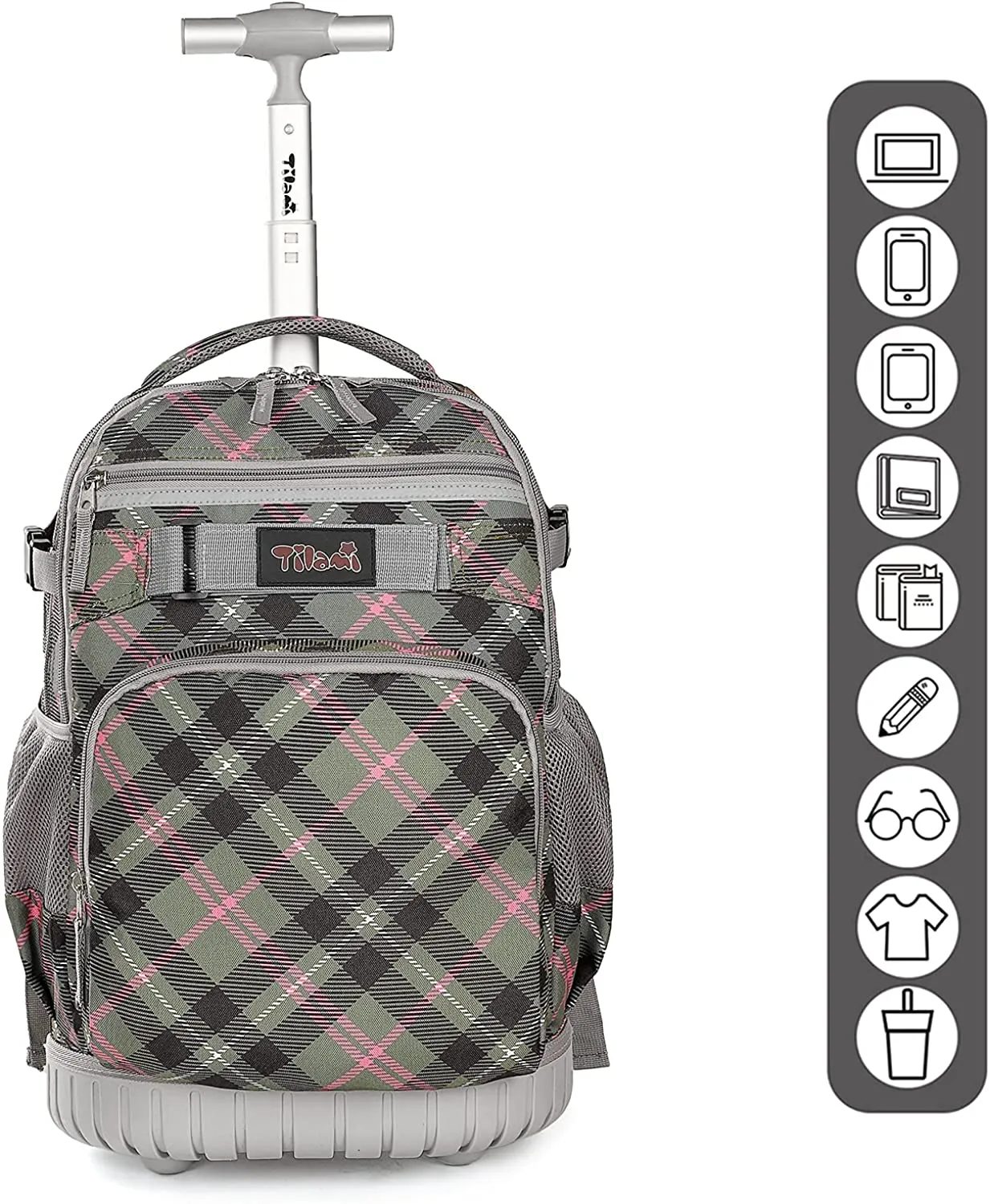 Tilami Pink Plaid 18 inch Kids Rolling Backpack Laptop Backpack