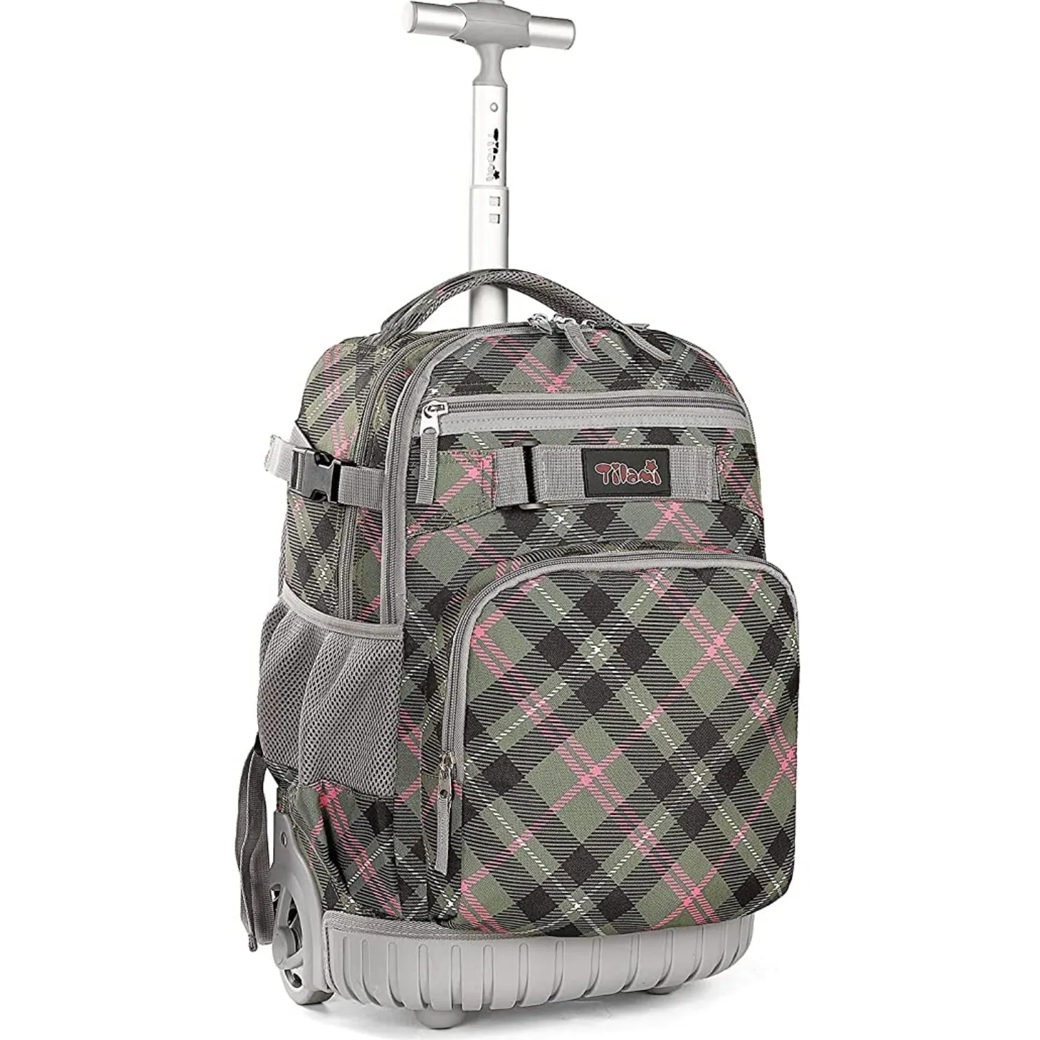 Tilami Pink Plaid 18 inch Kids Rolling Backpack Laptop Backpack